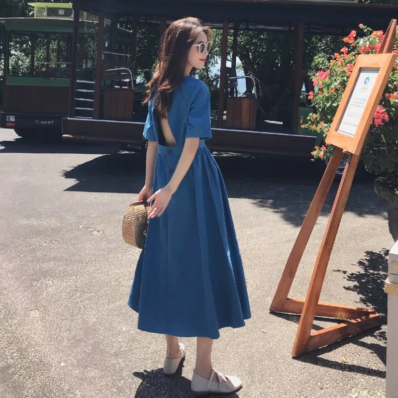 

Photo Shoot Comfortable Breathable Cotton Linen Short Sleeve Waist Hugging Dress Women's Summer Normcore Style INS Backless Sexy