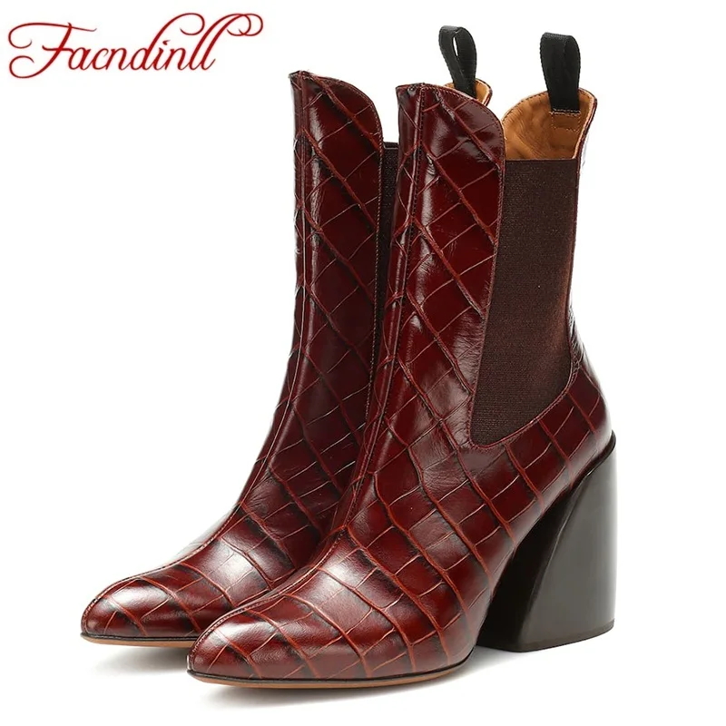 Ceny FACNDINLL moda kobiety botki jesień zima ciepłe buty wysoka qulaity sexy wysokie obcasy buty kobieca sukienka party buty marki