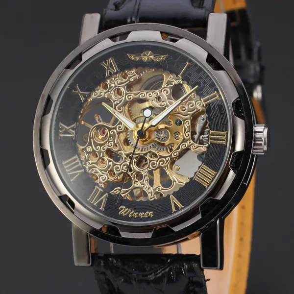 Fashion Winner Black Leather Band Stainless Steel Skeleton Mechanical Watch For Man Gold Mechanical Wrist Watch Luxury Brand 