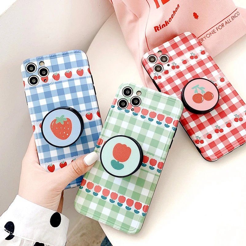 

Luxury Retro Lattice Holder Phone Case For iPhone 11 Pro Max SE XS MAX XR XS X 7 8Plus Fashion Flowers Cherries Plaid Soft Cover