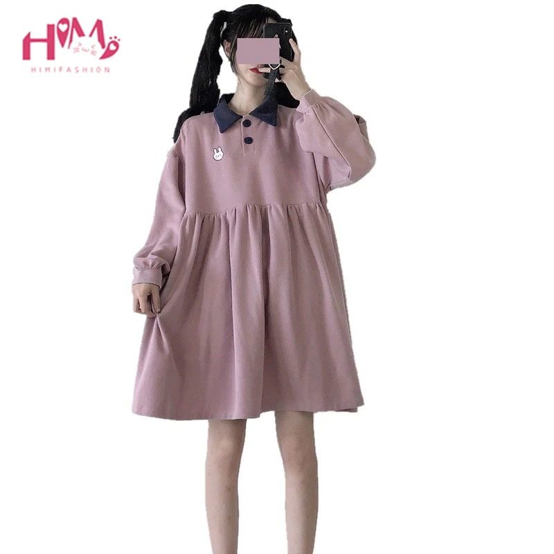 Cute Cartoon Rabbit Pink Short Dress Teen Girl Kawaii Bear Bunny Casual Pullover Vintage Navy Blue Long Sleeve Mini Dresses 2022