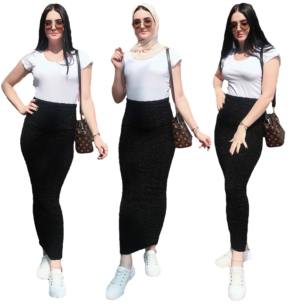 Fashion Women Pleated Bodycon High Waist Long Skirt Dress Muslim Abaya Modest Ladies Stretch Middle East Knitting Pencil Skirt