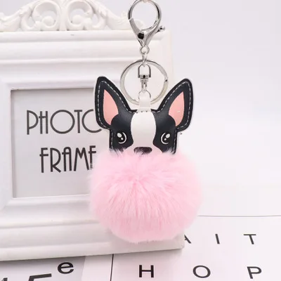 Fluffy Rabbit Fur Ball French Bulldog Keychain Pompom Key Chain Pu Leather Animal Dog Keyring Holder Bag Charm Trinket Chaveiros - Color: YS-9