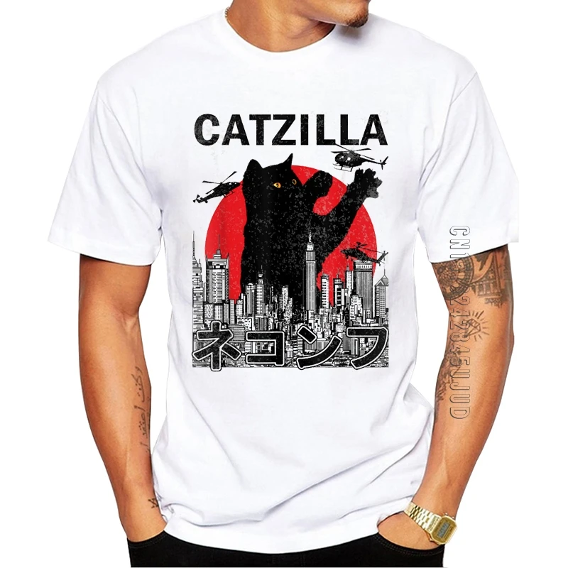 100% хлопок модная мужская футболка Catzilla кошка котёнок влюбленный печатная