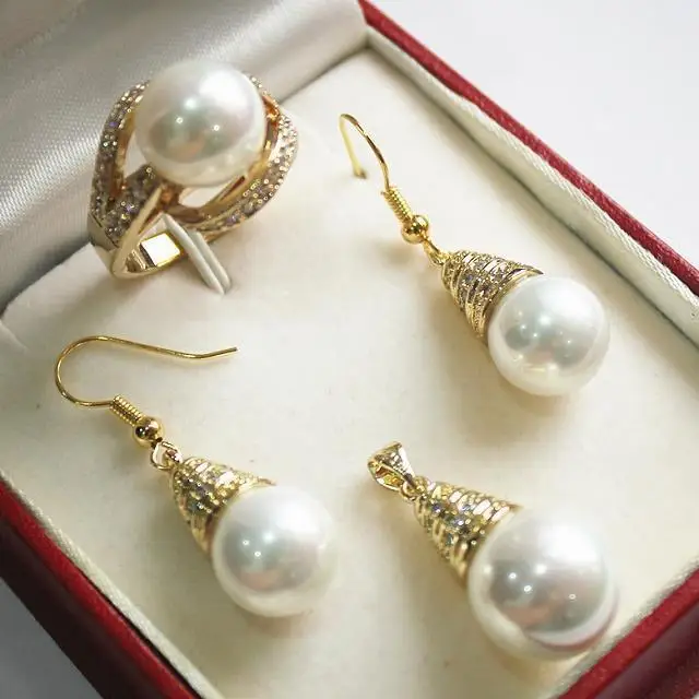 AAA South Sea White Shell Pearl Ring Earrings(10mm) Pendant(16mm)Necklace Set + Chain 18K Gold Plated Wholesale silver | Украшения и