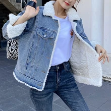 Women's Denim Parkas Winter Fashion Pocket Stitching Plush Splicing Coat Casual Koreaanse Long Sleeve Single Breasted Baggy Coat