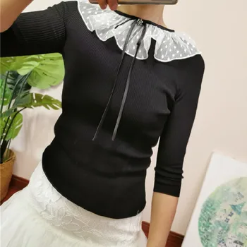 

2020 Early Spring Mesh Collar Women Knitted Sweater Lady Elegant Long Sleeve Pullover Female Bow Knitwear Shirt Clothes