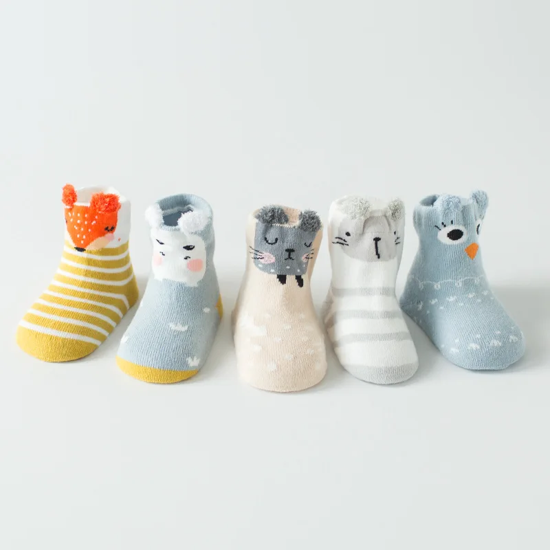 Warmom/5 пар/лот, носки для новорожденных мальчиков и девочек, носки для новорожденных из хлопка с мультипликационным принтом животных, мягкие осенне-зимние носки для малышей 0-3 лет - Цвет: E