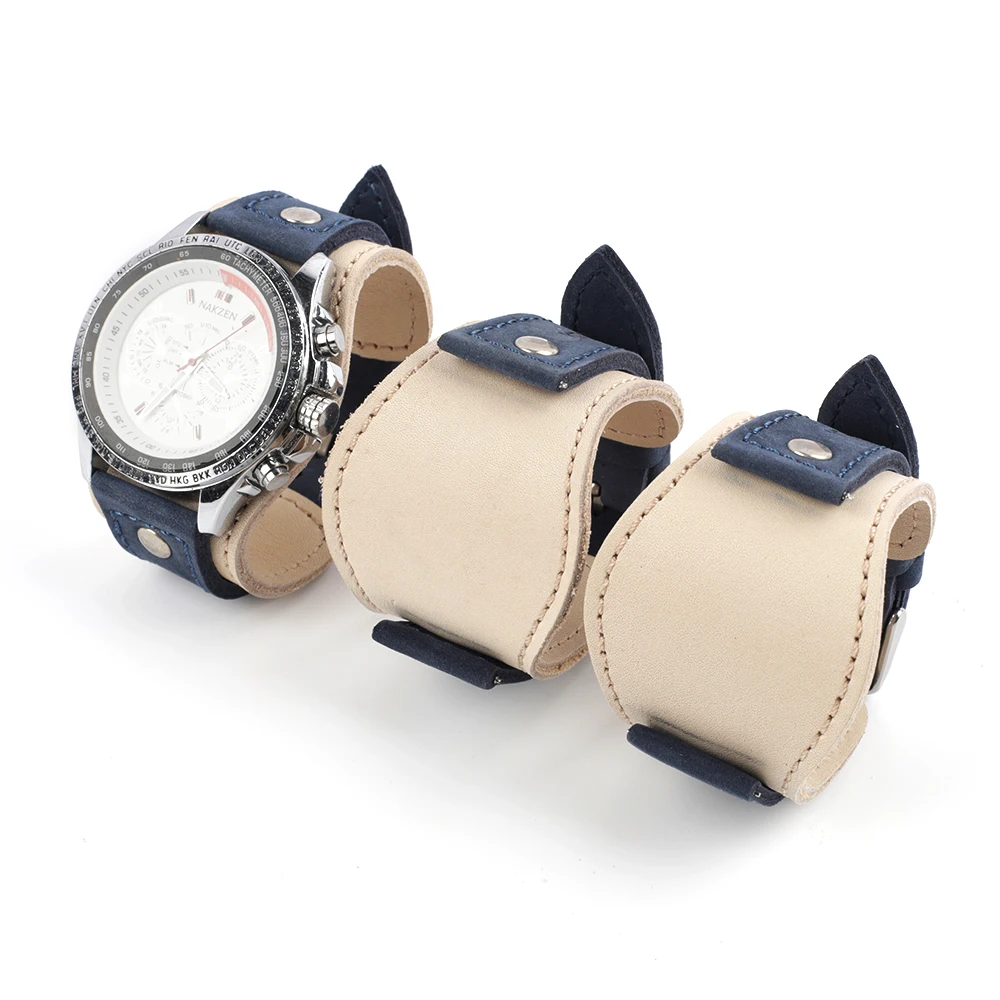 Genuine Leather Watchband 22mm Strap With Mat Handmade Men's Wrist Watch Band Blue White Tray Bands Bracelet Watch Accessories