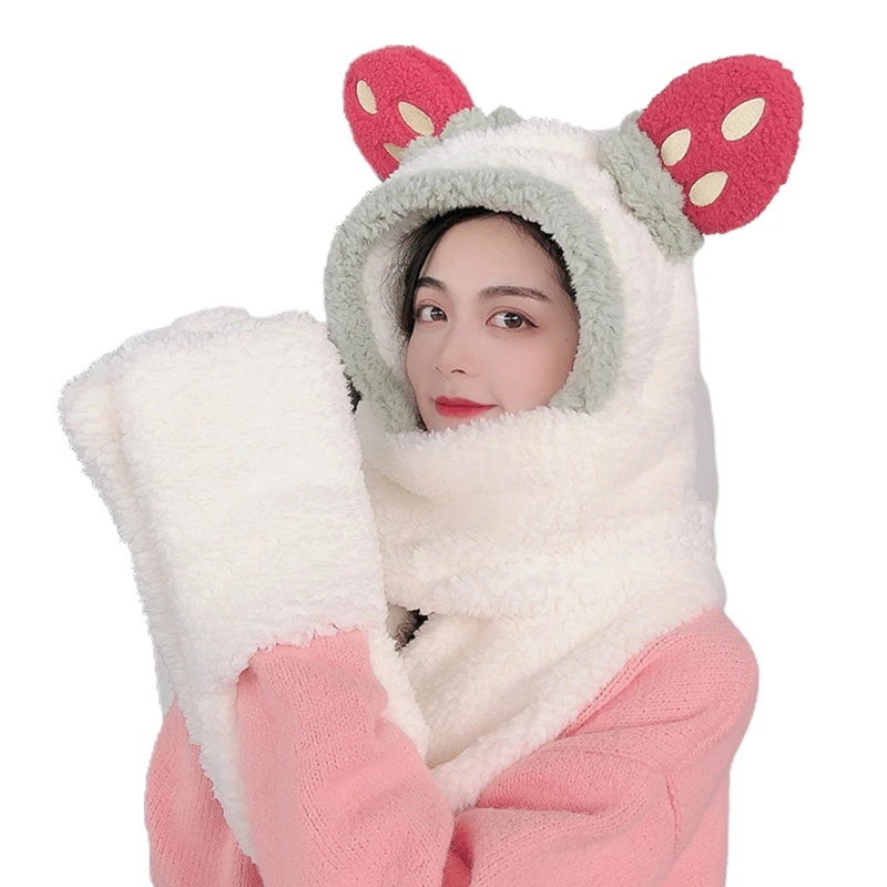 

Women Student Winter Warm 3 In 1 Plush Hooded Scarf Hat Gloves Set Cartoon Big Strawberry Ears Contrast Color Windproof Cap 094B