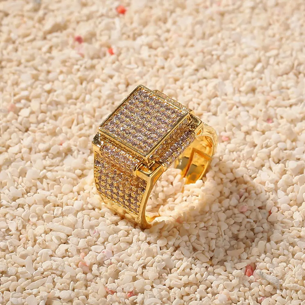 Сверкающее кольцо Blingbling, кольцо Iced Out, крошечный циркон, желтое золото, заполненное мужское кольцо, модное ювелирное изделие, подарок