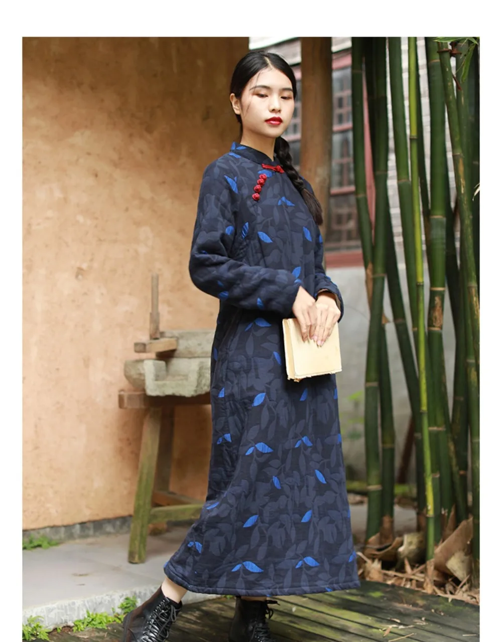 LZJN 2019 New Vintage Chinese Thickened Plush Dress Autumn Winter Female Warm Long Cheongsam Qipao Retro Robe Dress (22)
