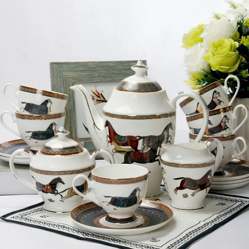 

15-Piece European Phnom Penh War Horse Ceramic Coffee Tea Set Creative Household Bone China Pot Cup Saucer Home Bar Display
