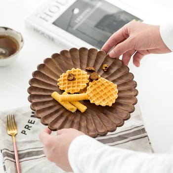 

Japan Style Black Walnut Solid Wood Plate Lotus Wood Dish Handmade Round Wooden Fruit Plate Creative Hotel Tray