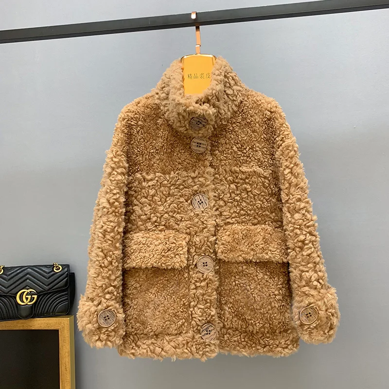 Brown Sheep Sheared Jackets Winter Women Female Real Lamb Fur Single Breasted Coat New Calorie Roll Stand Collar Streetwear - Цвет: Brown
