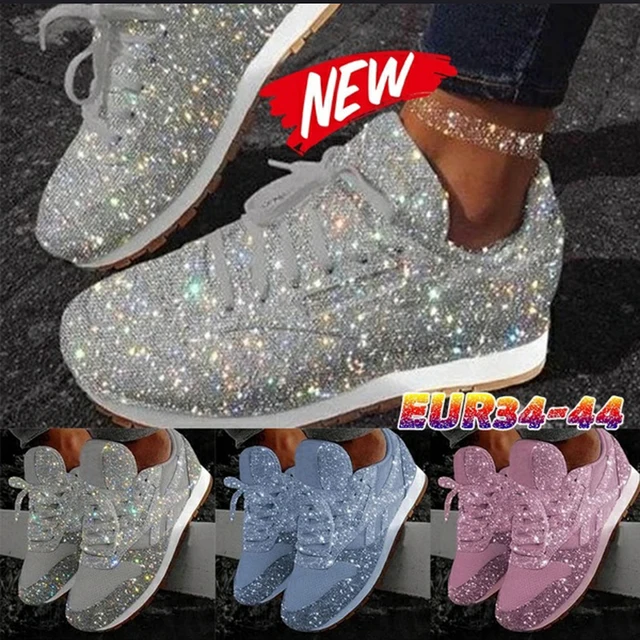 US $9.72 Women Flat Glitter Sneakers Casual Female Mesh Lace Up Bling Platform Comfortable Plus Size Vulcani