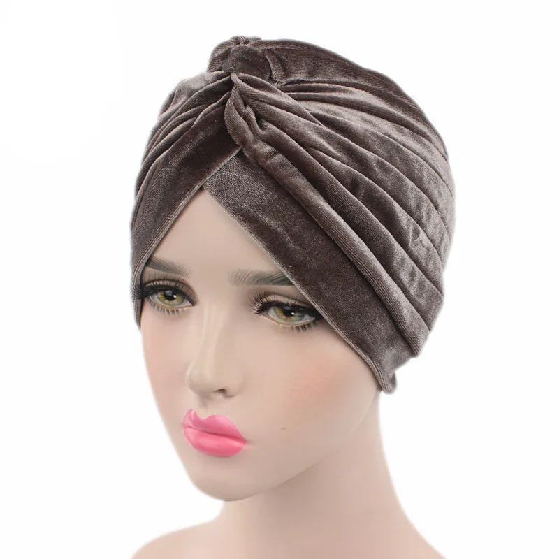 New Muslim Women Stretch Solid Velvet Turban Hats Chemo Beanie Bandana Scarf Head Wrap Cover Cap Hair Loss Accessories 4