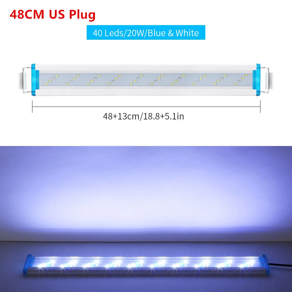 18-48 см супер тонкий светодиодный светильник для аквариума, синий белый светильник, расширяемый водонепроницаемый светильник с зажимом для аквариума, светильник с вилкой Стандарта США и ЕС - Цвет: 48CM US Plug