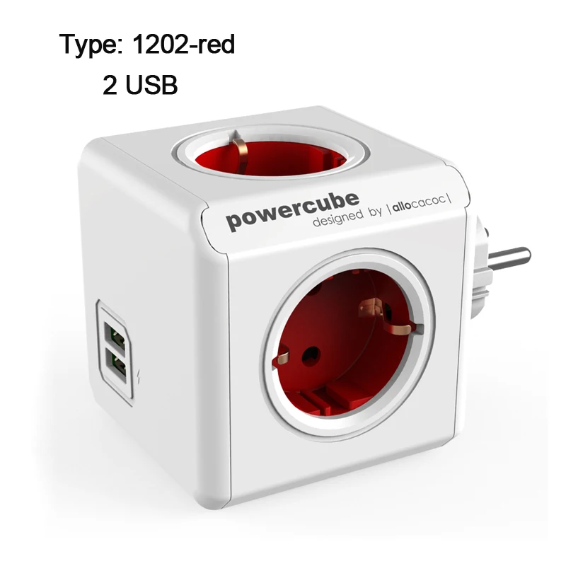 Allocacoc power cube EU Plug power Strip 4 AC розетка адаптер пробки 3680 Вт несколько портативных 2 USB порта зарядное устройст - Цвет: red