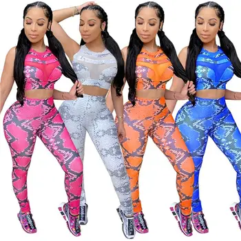 

Stylish Snakeskin Print Mesh Splice Top And Pants Sexy Skinny 2 Pcs Track Suit Outfits Two Piece Set Women Clothing Tracksuit
