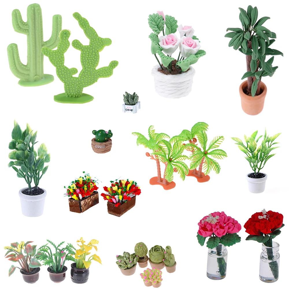 

New Simulation Potted Plants Green Tree Potted For 1:12 Dollhouse Miniature Green Plant In Pot Doll House Furniture Home Decor