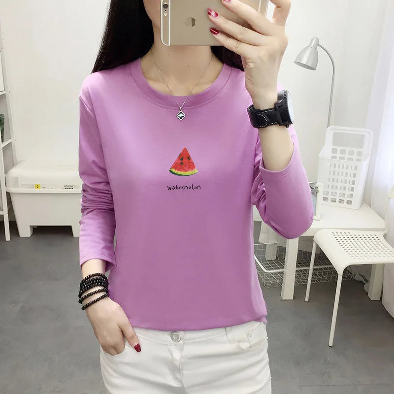 

Photo Shoot 2019 Spring And Autumn New Style Korean-style Fruit Printed T-shirt Women's Solid Color Versatile Long Sleeve Base S