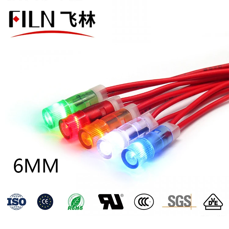FILN Plastic Hot Sale 6mm 12v 110v 24v 220v Signal Lamp High Quality Indicator Light with Wire