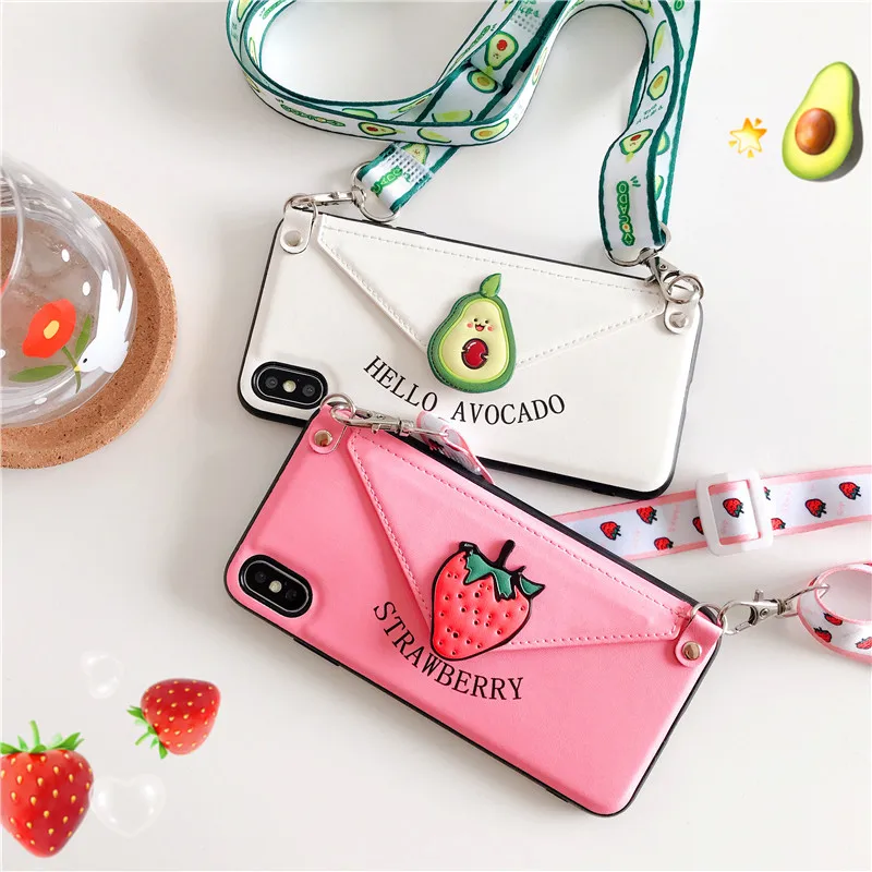

Luxury PINK Embroidery Leather Case for iPhone 7 7Plus Fashion strawberry avocado Lanyard Case For iphone XS Max X 8 6 6s Plus