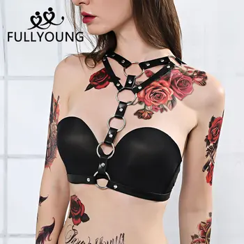 

Fullyoung Leather Harness Sexy Erotic Underwear Garter Belt Sexy Lingerie Women Body Straps Leg Belt Punk Suspender Pink Rave