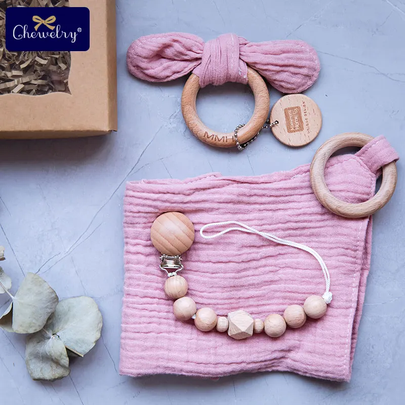 1Set Pacifier Clips Chain Cotton Baby Bibs Teether Beech Wooden Ring Saliva Towel Pacifier Chain Bunny Ear For Kids Product