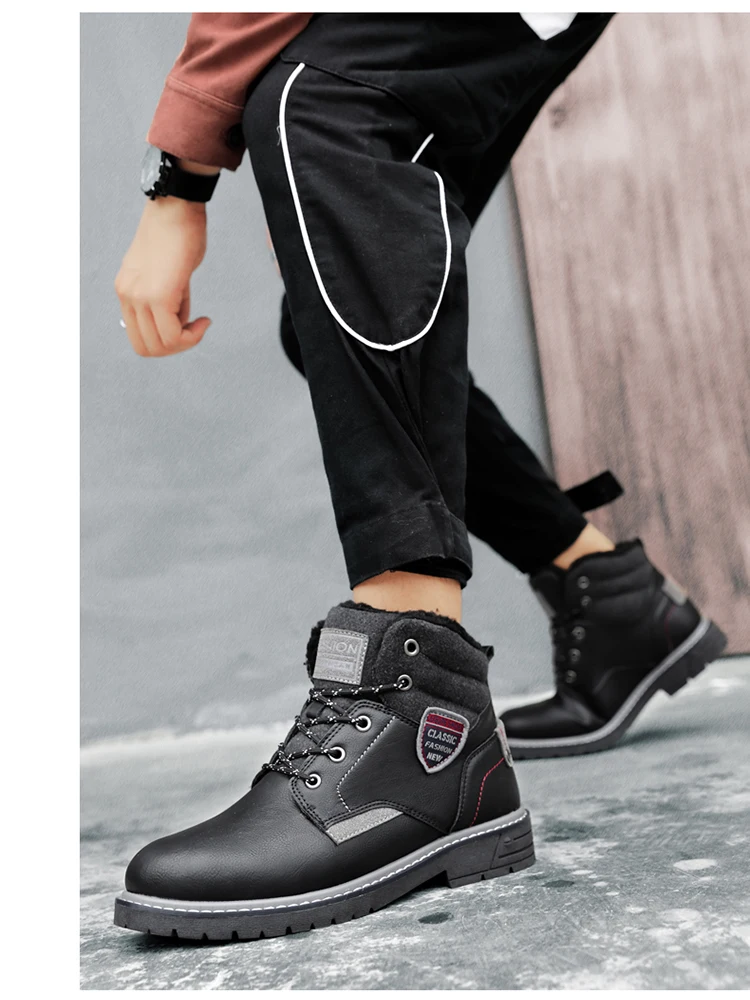 TANTU Men's High-cut Waterproof Military Tactial Boots Leather Warm Fleece Winter Sneakers Snow Boots Non-slip Hiking Shoes