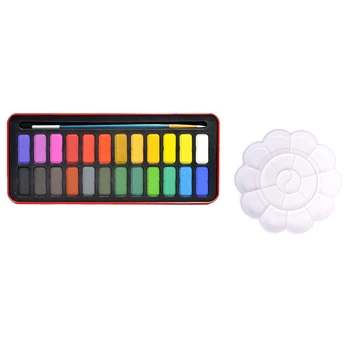 

1 Pcs 18 Compartments Watercolor Paint Tray Mixing Palette & 1 Box 24 Colors Solid Watercolor Set with Paint Brush