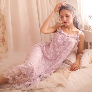 

New court female summer retro lace sweet princess suspenders double long nightgown nightdress sleep dress set 3 colors M-XL