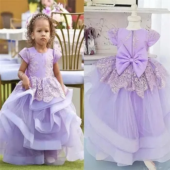

Purple Flower Girl Dresses For Wedding Cascade Applique Tulle Party Floor Length Ball Gown First Communion Princess Girl Dress