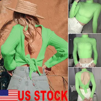 

Women Autumn Sweaters Stretch Sexy Backless Turtle Neck Tight Bow Sweater Female Long Sleeve Plain Short Stretch Sweaters