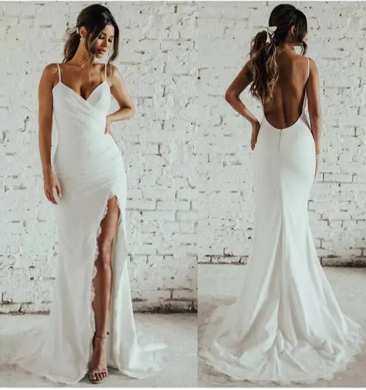 

LORIE Strap Mermaid Chiffon Wedding Dresses 2021 Robe De Mariee Sexy V-Neck Court Train Lace Appliques Backless Vestido Novia