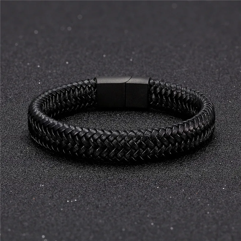 MKENDN – Bracelet en cuir pour hommes, Punk, fermoir magnétique en acier inoxydable noir, tressé, tissé, cadeau pour amoureux
