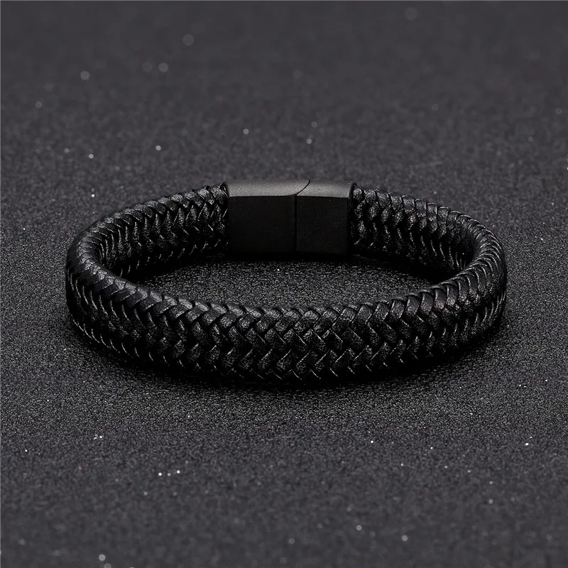 Bracelet Jewelry MKENDN Punk Men Leather Bracelet Black Stainless Steel Magnetic Clasp Braided Woven Bangle Pulseras lovers' gift