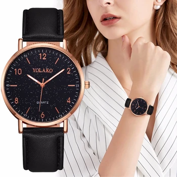 

YOLAKO Women Quartz Wristwatches Leather Watchbands Starry Sky Black Dial Female Time Ladies Dress Clock Bracelet Watch Woman