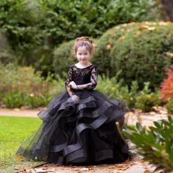 Tule preto organza flor menina vestido de baile manga longa princesa festa de aniversário vestidos pageant vestido