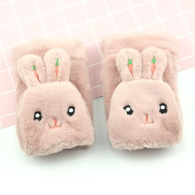 pink Женские перчатки осень-зима коралловый флис флип половина пальца простой кролик вышивка холодной письма интернет перчатки - Цвет: pink