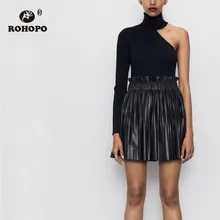 ROHOPO с завышенной талией плиссированная черная юбка из искусственной кожи женская шикарная большая расклешенная кромка аккордеон твердая кожа Falda#2553
