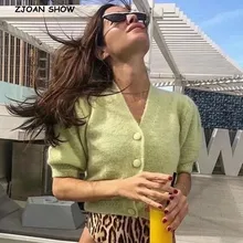 Женский вязаный однобортный Кардиган на пуговицах свитер с начесом ретро открытый пупок короткий трикотаж с коротким рукавом джемпер Топы