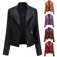 2021 New Autumn Faux Leather Jacket Women Zipper Slim Short Biker Jackets Coat Female Turn-down Collar Outwear Tops