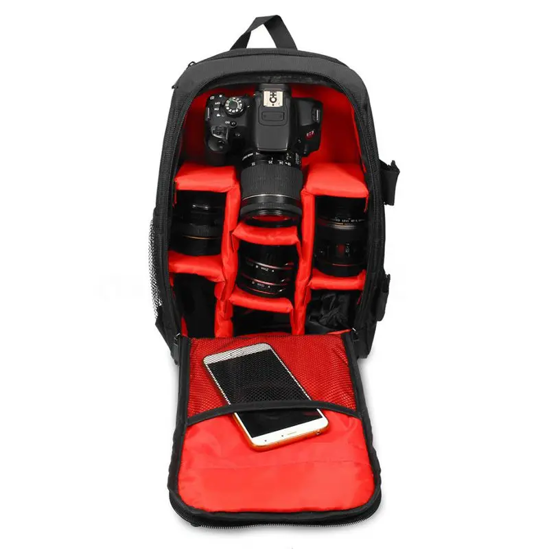 red camera backpack