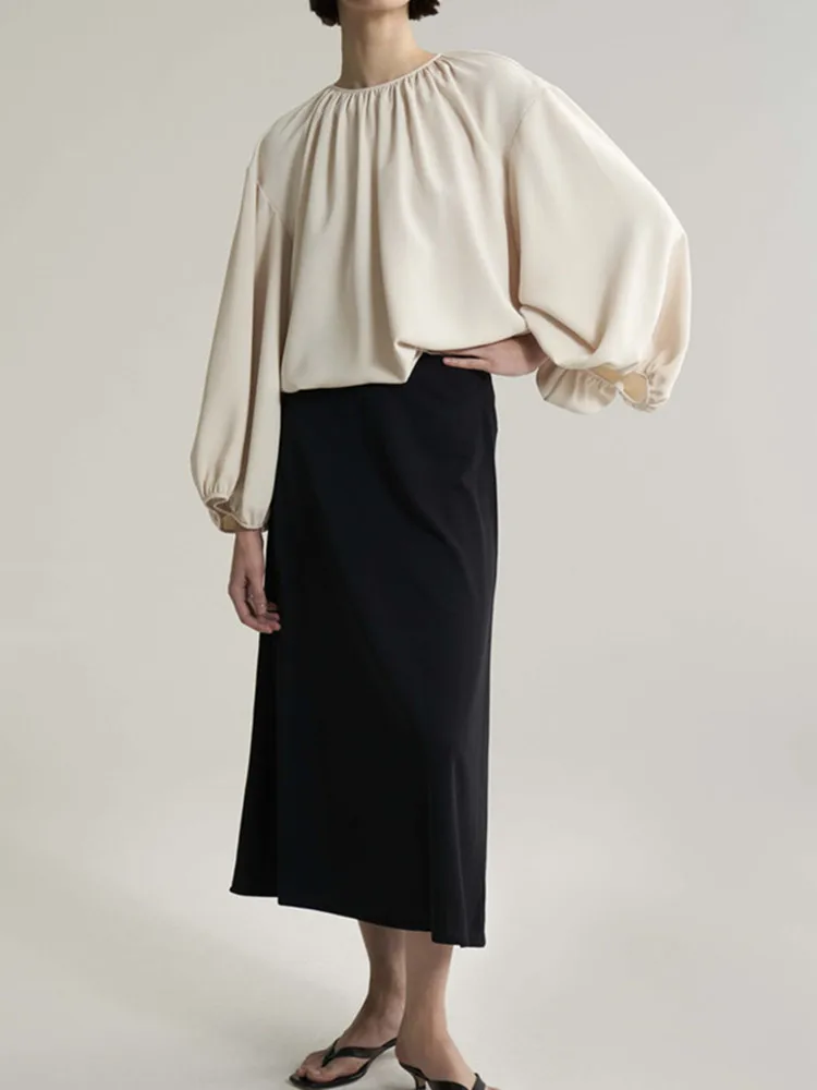 

Black acetate Women's Midi Skirt Streamlined female ladies long skirt office style casual clothes