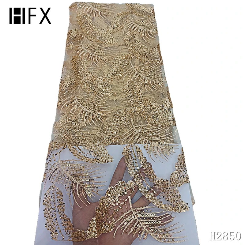 Золотая блестящая африканская кружевная ткань, вышитая вручную французская кружевная ткань высокого качества, нигерийская кружевная ткань с блестками F2850