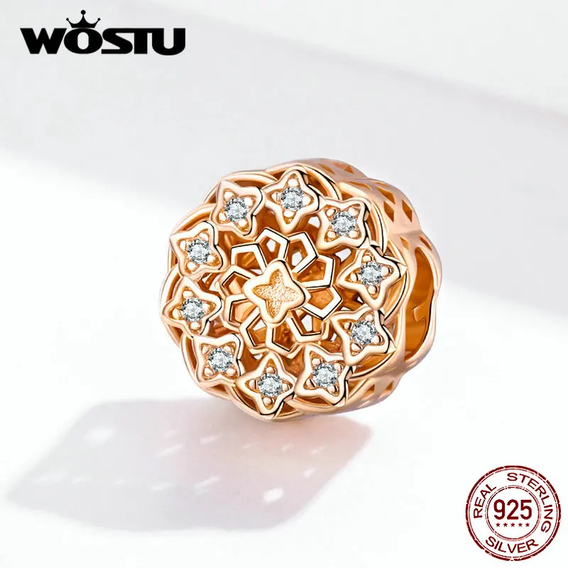 

WOSTU 100% 925 Sterling Silver Inspiration Flower Round Charms Rose Gold Beads Fit Original Bracelets Pendant Jewelry FIC1279