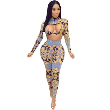 

Autumn 3 Piece Set Women Set Clothes Long Sleeve Printed Crop Top + Bra + Pants Sexy Three Piece Set Night Club Party Outfits