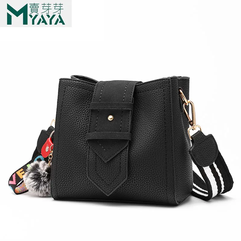

MAIYAYA Hairball Bucket Bag Leather Brand Designer Luxury Handbags Women Small Bags 2019 New Fashion Shoulder Bag For Teenagers